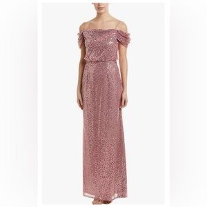 Adrianna Papell Women’s Size 4 Rose Pink Sequin Long Evening Gown Off Shoulder